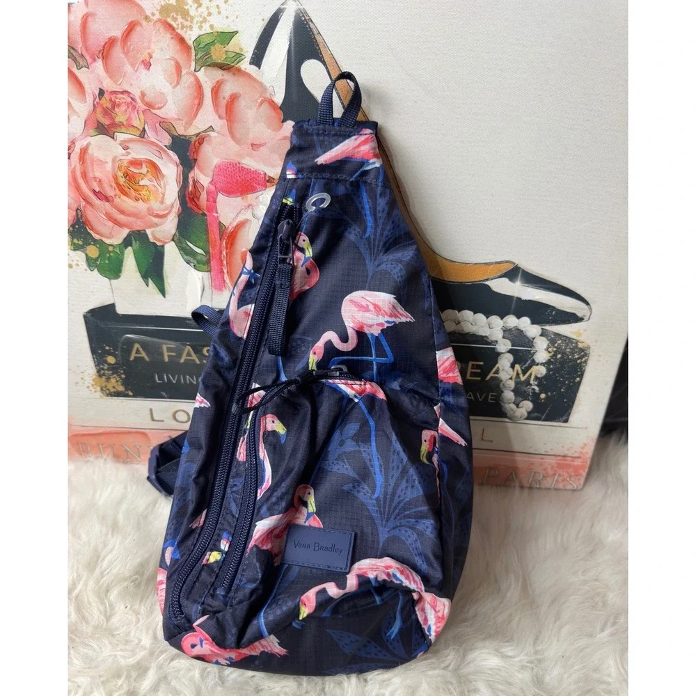 Vera Bradley Flamingo Sling Backpack Navy Blue Ripstop Crossbody Bag